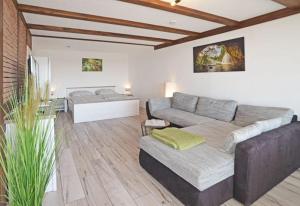 a living room with a couch and a bed at FeWo Harzstube Die romantische Stube für Zwei! in Altenau +3 photos