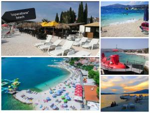 a collage of photos of a beach with chairs and umbrellas at Studio apartman I&R in Ciovo