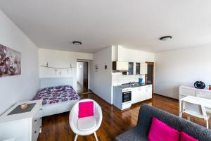 ein kleines Schlafzimmer mit einem Bett und einer Küche in der Unterkunft Apartmán Hartmanice in Sušice