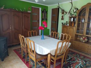Apartament KARINA 2 في تيلسز: غرفة طعام مع طاولة مع إناء من الزهور عليها