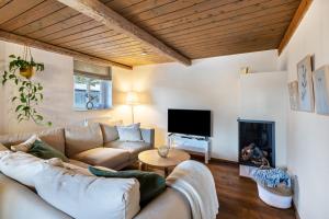 a living room with a couch and a fireplace at Jules Reetdachkate in Mildstedt