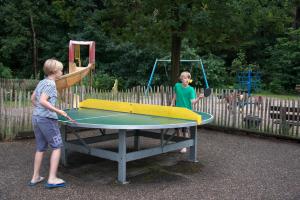 twee kinderen die rond een tafeltennistafel spelen bij EuroParcs De Wiltzangh in Ruinen