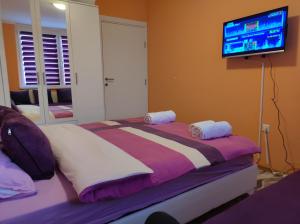 1 dormitorio con 1 cama y TV en la pared en Agape apartman en Višegrad