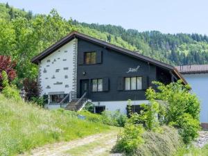 a black and white house on a hill at Beautiful holiday home in Fieschertal with garden in Fieschertal