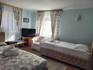 een slaapkamer met een bed, een bank en een stoel bij Pension Tui in Sinaia