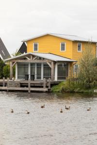 een huis met eenden die in het water zwemmen bij Waterresort Bodelaeke Giethoorn in Giethoorn