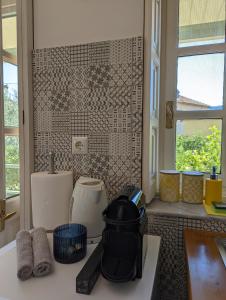 uma cozinha com um balcão com um lavatório e uma janela em The Valkyries 3 em Leonidio