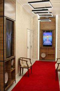 a living room with a red carpet and a tv at E-lite& Meatador in Astana