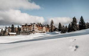 een groot huis op een besneeuwde heuvel met bomen bij Hotel Steger-Dellai in Alpe di Siusi