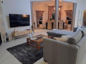 a living room with a couch and a tv at Flamingo Haven in Hermanus