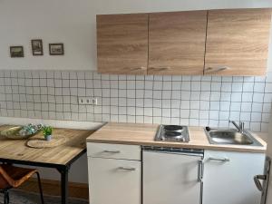 a kitchen with a sink and a counter top at Stilvolle Altstadtwohnung mit 2 Schlafzimmern in Koblenz +14 photos