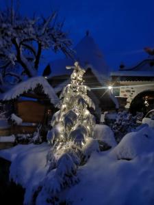 a snow covered christmas tree in a yard at night at Märchenschlössel Altenstein in Trebesing