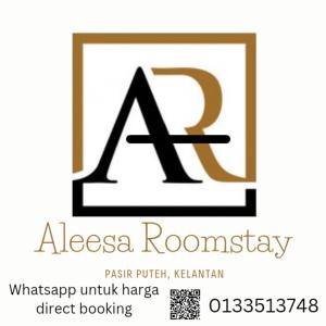 un logotipo para la reserva directa de aasia roosteway en Aleesa Roomstay, en Pasir Puteh