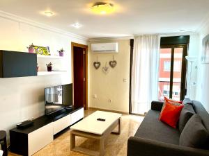 ein Wohnzimmer mit einem Sofa und einem TV in der Unterkunft Moderno apartamento en Valencia para 6 personas in Valencia