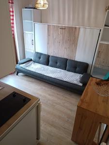 ein Wohnzimmer mit einem blauen Sofa in einem Zimmer in der Unterkunft la dryade chinaillon in Le Grand-Bornand