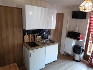 a small kitchen with white cabinets and a sink at la dryade chinaillon in Le Grand-Bornand