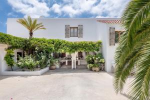 a white house with a courtyard with a palm tree at Impressive Ibiza Villa El Zafiro 6 Bedrooms Private Gym & Views in Sant Josep de Sa Talaia