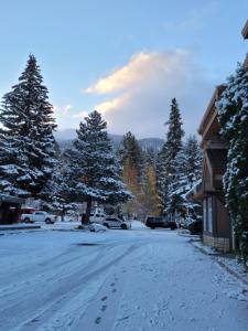 a snow covered street with footprints in the snow at Holiday Inn Express South Lake Tahoe, an IHG Hotel in South Lake Tahoe