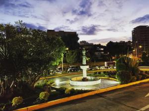 uma fonte no meio de uma rua à noite em Hotel Morasurco em Pasto