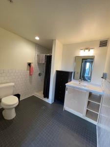 a bathroom with a toilet and a sink and a shower at Northwest Portland Hostel in Portland