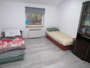 um quarto com 2 camas e uma janela em Osada leśna em Sztabin