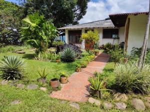 a garden with a brick walkway in front of a house at Finca Hostal Bolivar - Casa Quinta in Minca