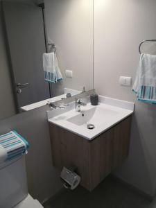 a bathroom with a sink and a mirror and a toilet at Departamento Pucón Nativo in Pucón