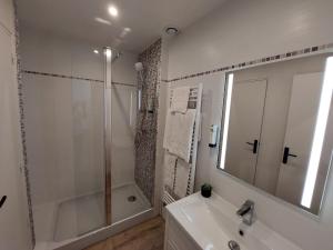 een witte badkamer met een douche en een wastafel bij Logis Loire Hotel - Les Cocottes Restaurant in Les Rosiers