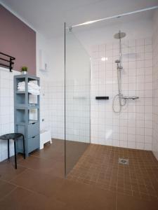 a bathroom with a shower with a glass door at Ferienwohnung auf dem Kore in Kirkel