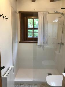 a bathroom with a shower and a toilet and a sink at la Caseta Boi Taull - 2 habitaciones in Pla de l'Ermita
