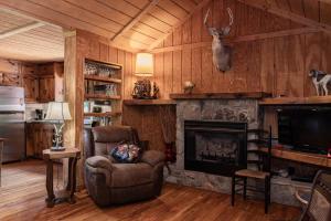 a living room with a fireplace and a chair at Twin Creeks Cabin - Anglers Retreat! in Powderhorn Mountain +27 photos