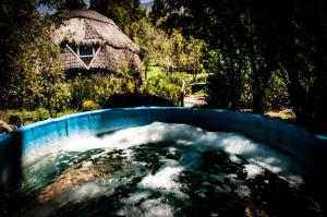 une baignoire bleue remplie d'eau devant une maison dans l'établissement Lodge del Maipo, à San José de Maipo