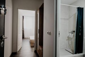 uma casa de banho com um chuveiro e uma cabina de duche ao nível do chão em Casa Adan em Drobeta-Turnu Severin