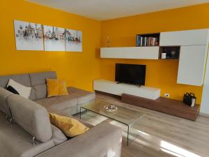 ein Wohnzimmer mit einem Sofa und einem Flachbild-TV in der Unterkunft Chez George in Levico Terme
