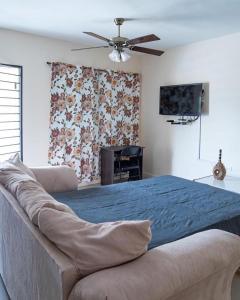 a bedroom with a blue bed and a ceiling fan at Knight at The Milagro in Kingston