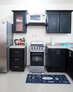 a kitchen with black cabinets and a stove and microwave at Knight at The Milagro in Kingston