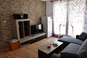 a living room with a couch and a television at VILLA IBIS THASSOS in Chrysi Ammoudia