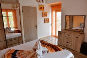 a bedroom with a bed and a large mirror at VILLA IBIS THASSOS in Chrysi Ammoudia