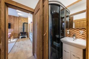 a bathroom with a sink and a mirror at Vila Mudroň in Vysoke Tatry - Dolny Smokovec