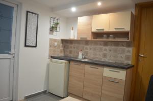 a kitchen with a sink and a refrigerator at Apartman N&A in Novi Sad