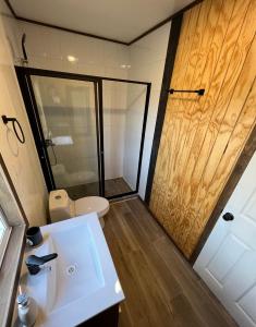a bathroom with a shower and a toilet and a sink at Cabaña Pilpilen - Curaquilla Lodge "Entre humedales y el Mar" in Arauco
