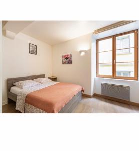 um quarto com uma cama e uma janela em Location F1 neuf centre historique Riom (63) - Puy-de-Dôme, Auvergne em Riom