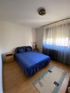 Un dormitorio con una cama azul y una ventana en Apartman Zivic, en Berilovac