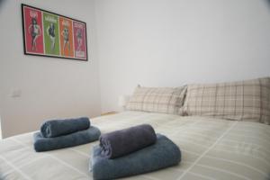 uma cama com duas almofadas azuis em cima em Las Minvas Centro em Castellón de la Plana