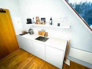 kuchnia z białymi szafkami i zlewem w obiekcie Apartman Bratrouchov w mieście Jablonec nad Jizerou +15 zdjęć