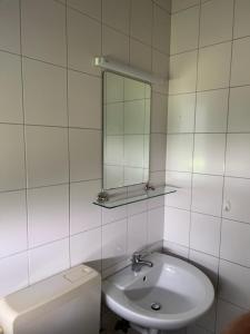 a bathroom with a sink and a mirror and a toilet at Esslingen-Hegensberg Hegensbergerstrasse 22 in Oberesslingen