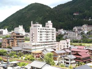 下呂市にあるKanko Hotel Yumotokan - Vacation STAY 60199vの建物と山を背景にした都市