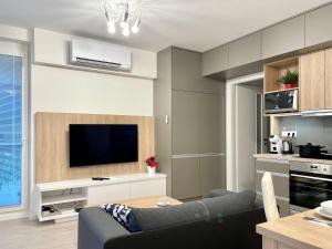 een woonkamer met een bank en een tv bij Explore Bratislava in Bratislava