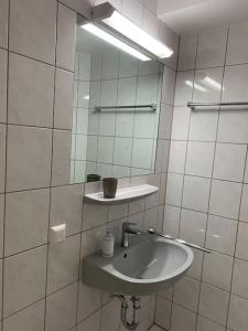 La salle de bains est pourvue d'un lavabo et d'un miroir. dans l'établissement Eine gemütliche Einzimmerwohnung, à Ostfildern