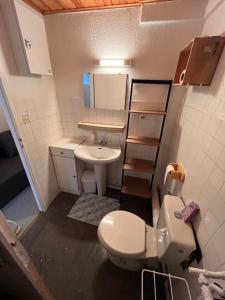 La petite salle de bains est pourvue de toilettes et d'un lavabo. dans l'établissement Appartement rdc calme6 pers, à Eaux-Bonnes